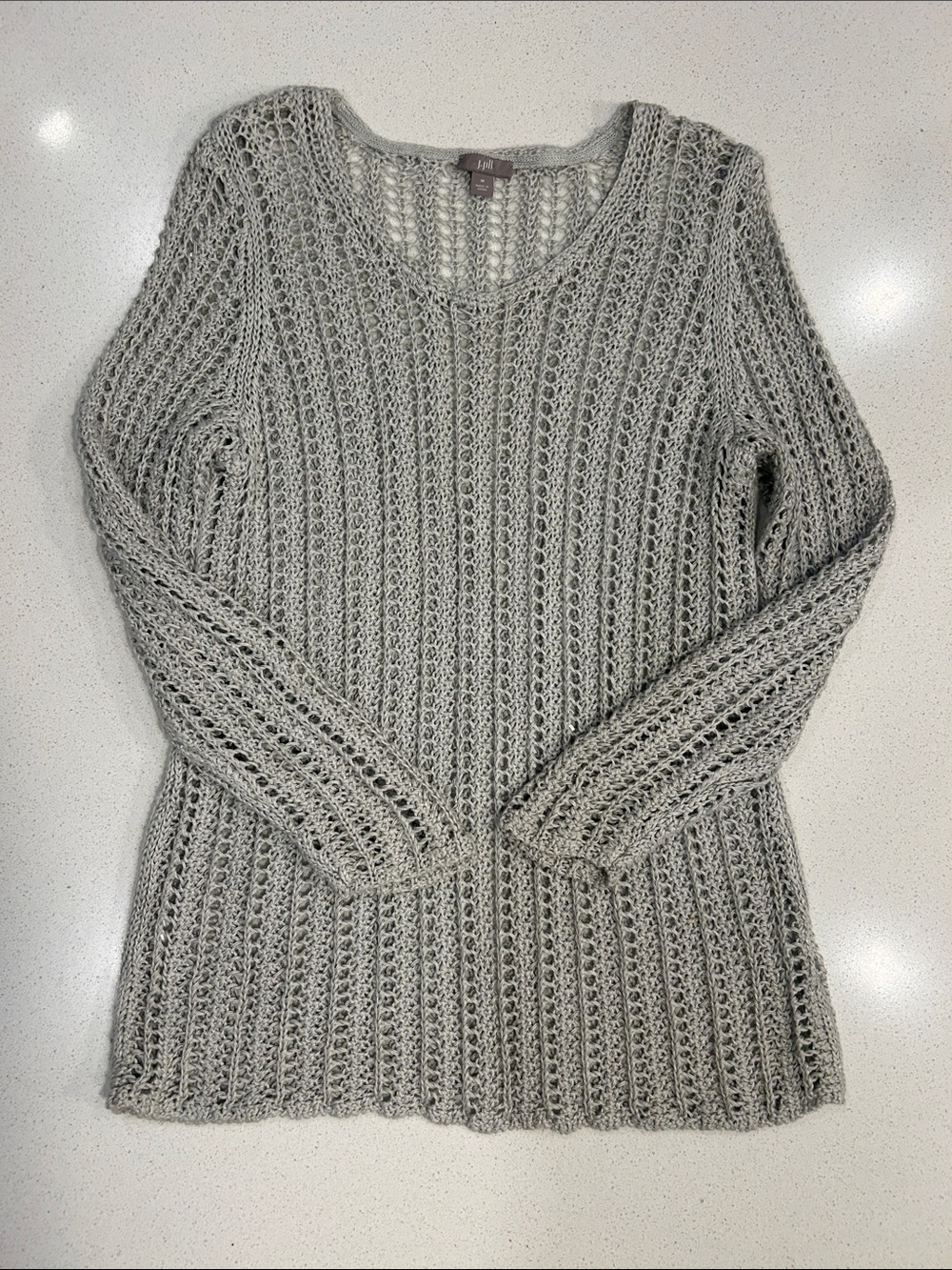 J.Jill Women's Light Gray Open-Knit Scoop Neck Sweater